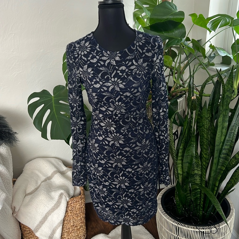 EXPRESS small navy/silver floral print open back mini bodycon